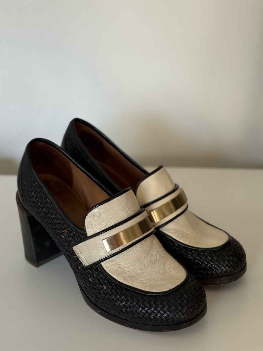 SEE BY CHLOE EU 38 Black and Cream Women's Block Heel Loafers with Gold Accent